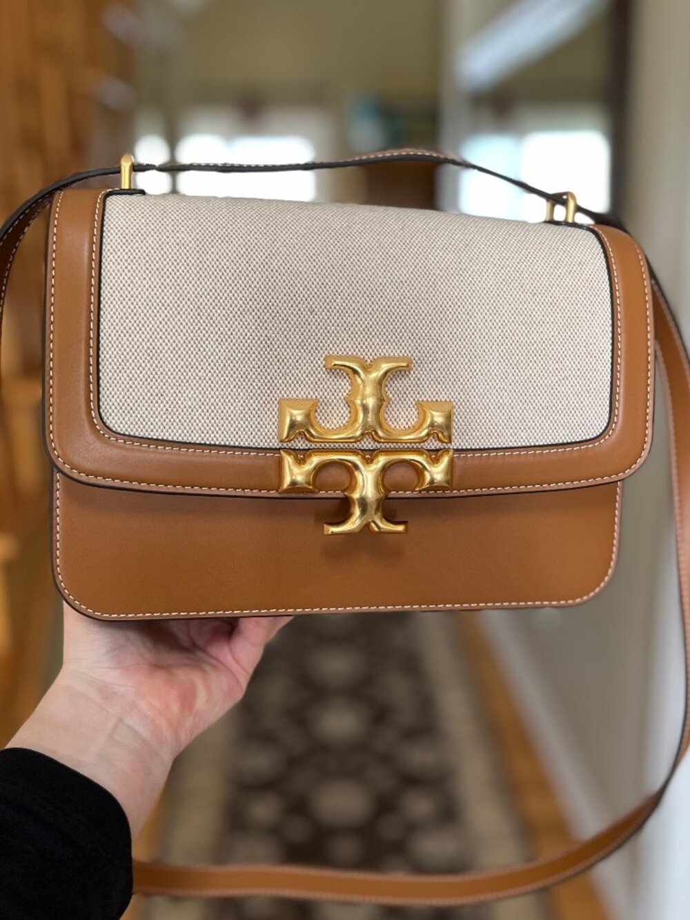 Tory Burch Tan and Cream Leather Shoulder Bag with Gold Logo